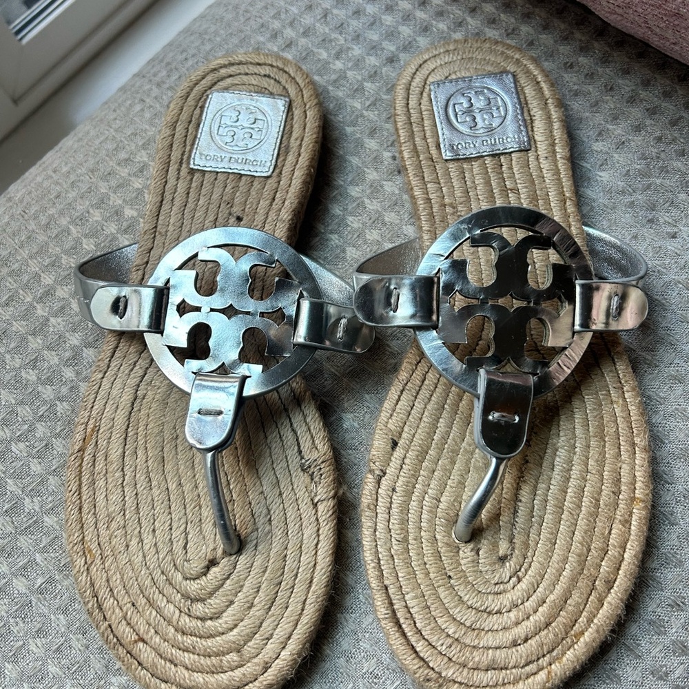 Tory Burch Metallic Silver Espadrille Sandals